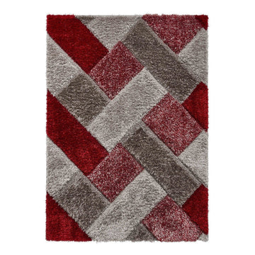 Olympia 2239 3D Geometric Plush Carved Hi-Lo Textured Soft Polyester Metallic Shimmer Shaggy Grey/Red/Brown Rug-Think Rugs-Rug Love - The Most Loved Rug Store
